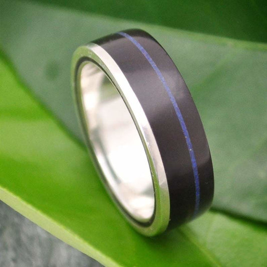 Wood inlay silver ring with lapis lazuli and black coyol, Un Lado Asi design