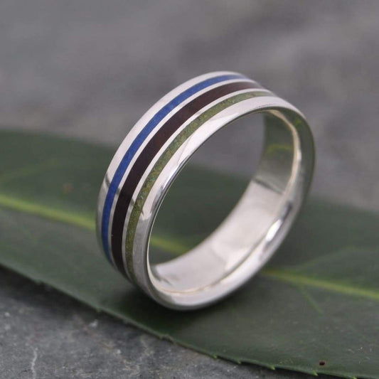 Wood inlay silver ring with lapis lazuli, jade stone and nacascolo wood, Meridian design