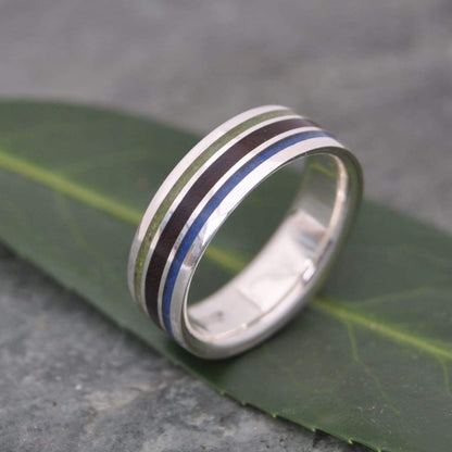 Unique Meridian design ring with lapis lazuli, jade stone and wood