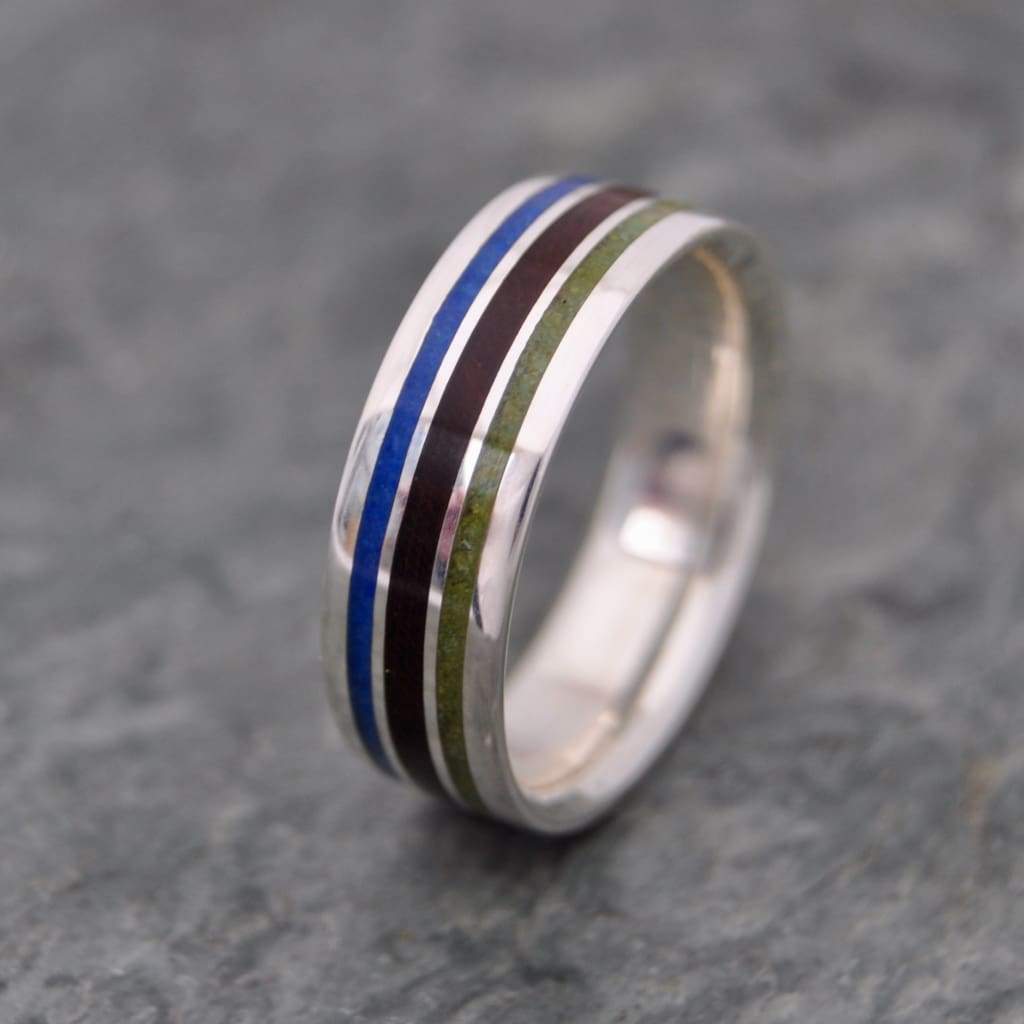 Handmade stone and wood ring with lapis lazuli, jade and nacascolo