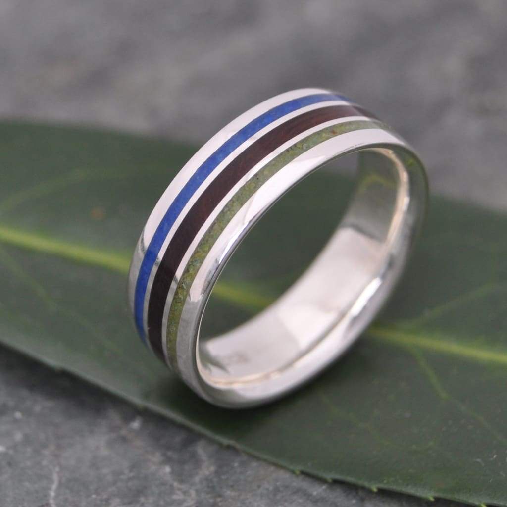 Ethically made wood ring with lapis and jade stone inlay and silver