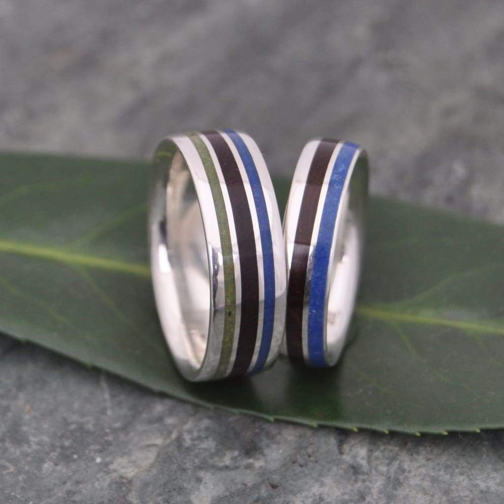 Nacascolo wood ring with lapis and jade inlay and recycled sterling silver