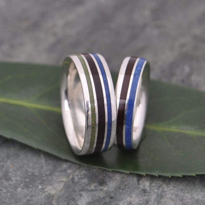 Nacascolo wood ring with lapis and jade inlay and recycled sterling silver