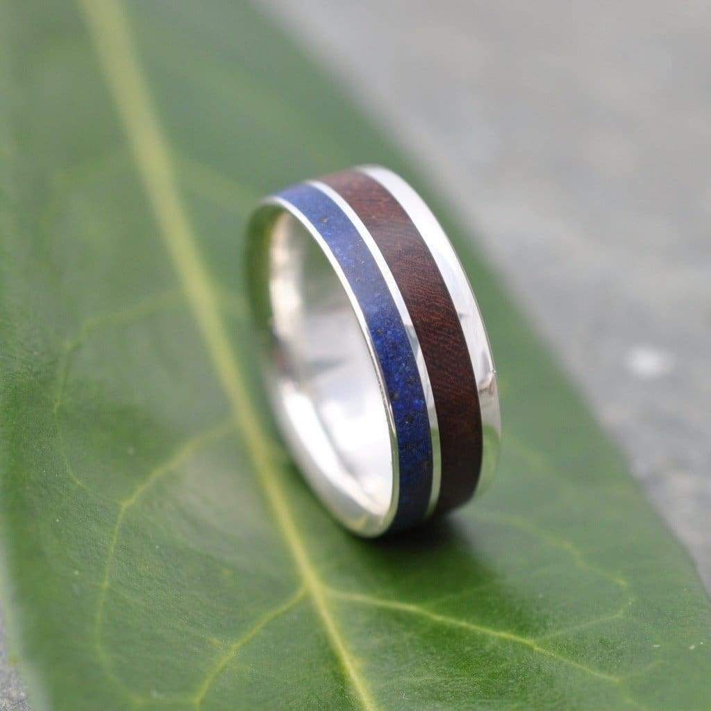 Blue lapis lazuli stone and nacascolo wood ring with recycled silver