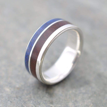 Wood inlay silver ring with lapis lazuli and nacascolo wood, Un Lado Asi design