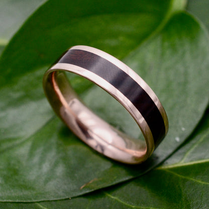 Sustainable rose gold and rosewood ring with recycled 14k rose gold