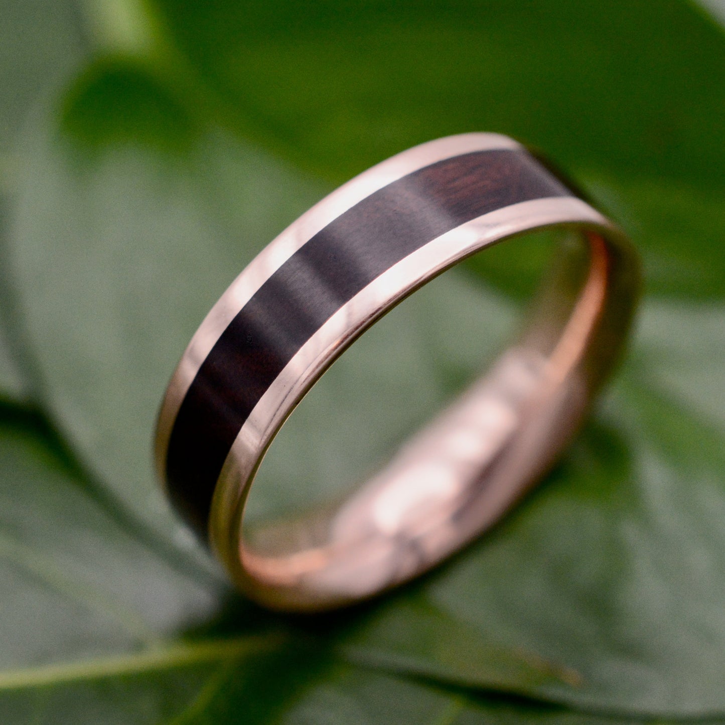Rose gold and wood wedding band with rosewood and 14k rose gold, Lados design