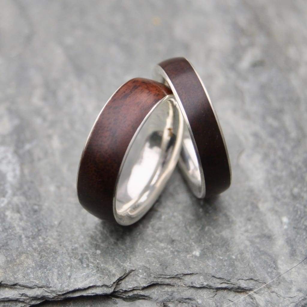 Siempre walnut wood wedding band set with sterling silver