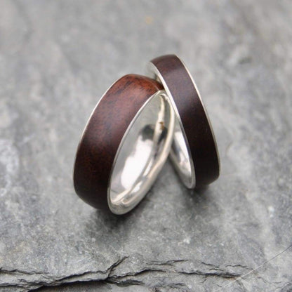 Siempre walnut wood wedding band set with sterling silver