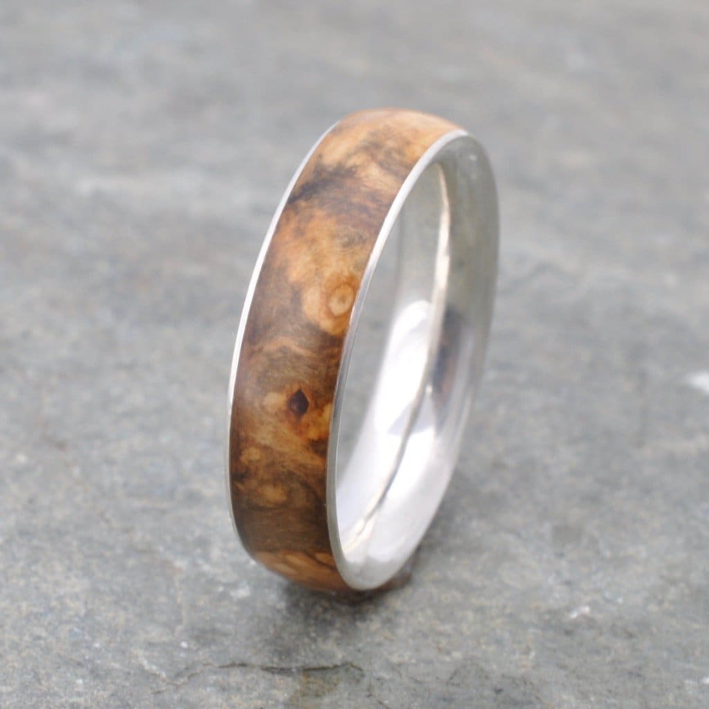 eco friendly sterling silver wood wedding band with cypress burl
