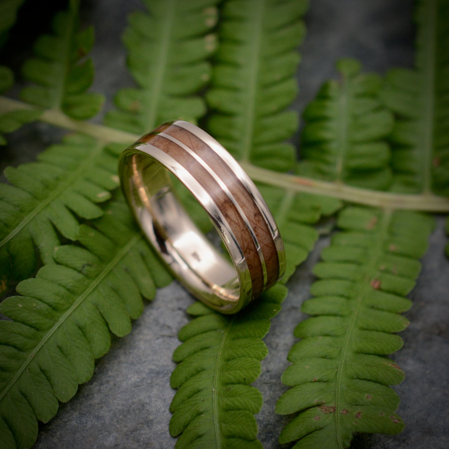 Whiskey barrel wood wedding band with recycled yellow gold, side view