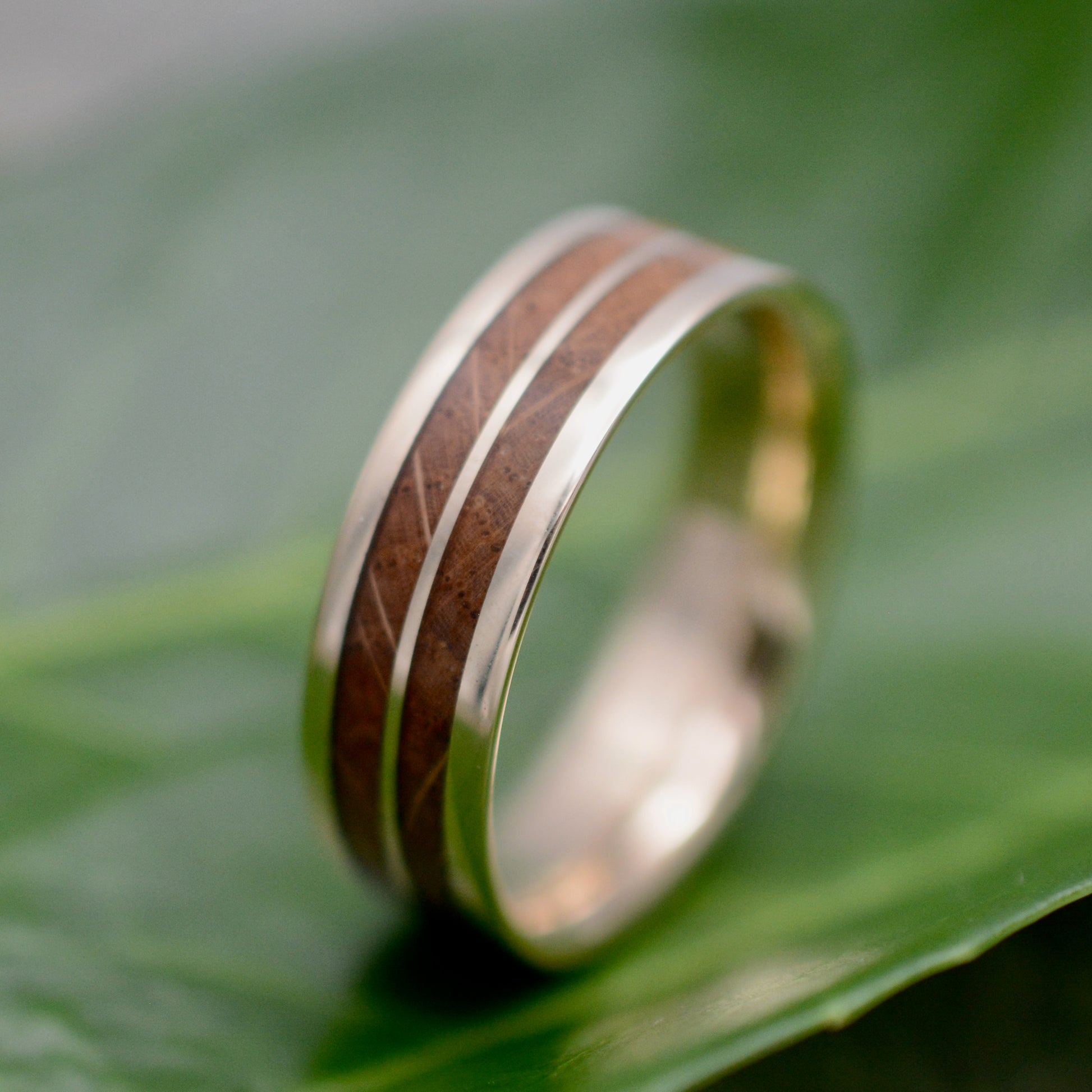 Whiskey barrel wood wedding ring with 14k recycled yellow gold
