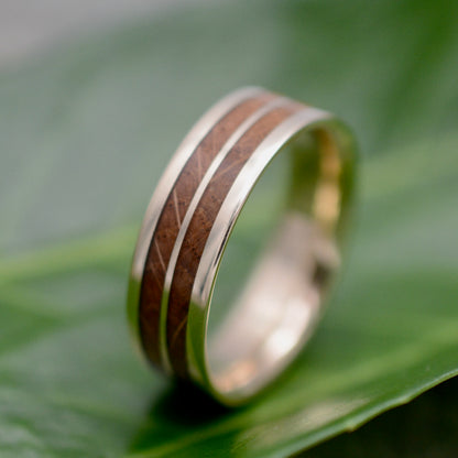 Whiskey barrel wood wedding ring with 14k recycled yellow gold