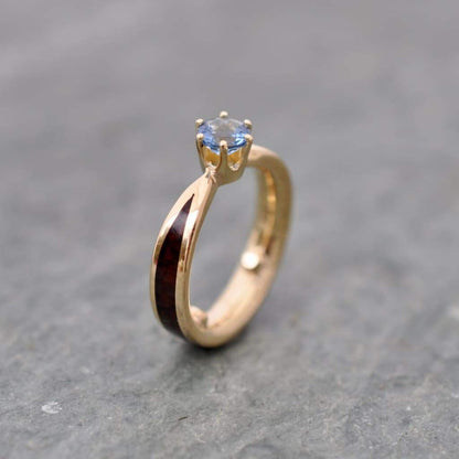 Tapered band detail of custom wooden engagement ring in cocobolo wood and 14k yellow gold, wood solitaire engagement ring handcrafted to order