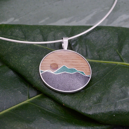 Wooden Mountain Necklace with Malachite and Titanium Sand Inlay Mountain Necklace Mountain Pendant Wood and Stone Inlay Necklace