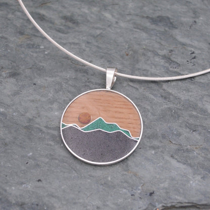 Wooden Mountain Necklace with Malachite and Titanium Sand Inlay Mountain Necklace Mountain Pendant Wood and Stone Inlay Necklace