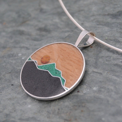 Wooden Mountain Necklace with Malachite and Titanium Sand Inlay Mountain Necklace Mountain Pendant Wood and Stone Inlay Necklace