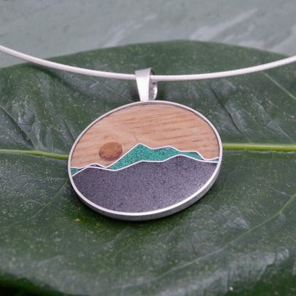 Wooden Mountain Necklace with Malachite and Titanium Sand Inlay Mountain Necklace Mountain Pendant Wood and Stone Inlay Necklace